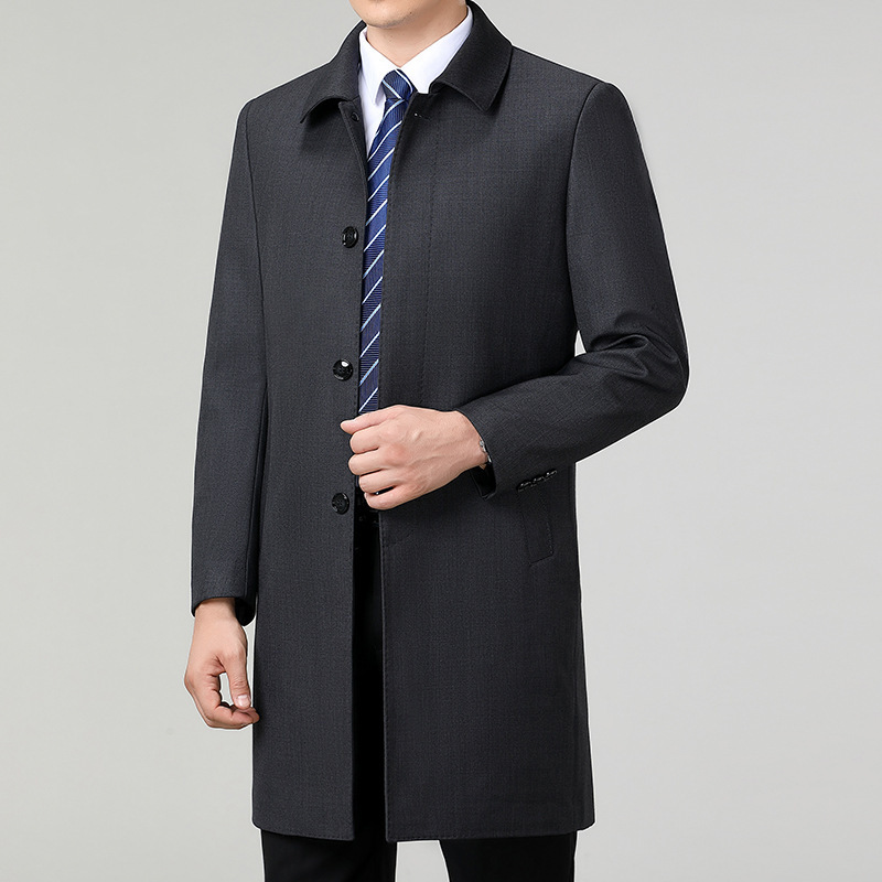 High-End Men's Trench Coat, Mid-Length, Spring and Autumn Business Casual, Middle-Aged, Solid Color, Wrinkle-Free Overcoat