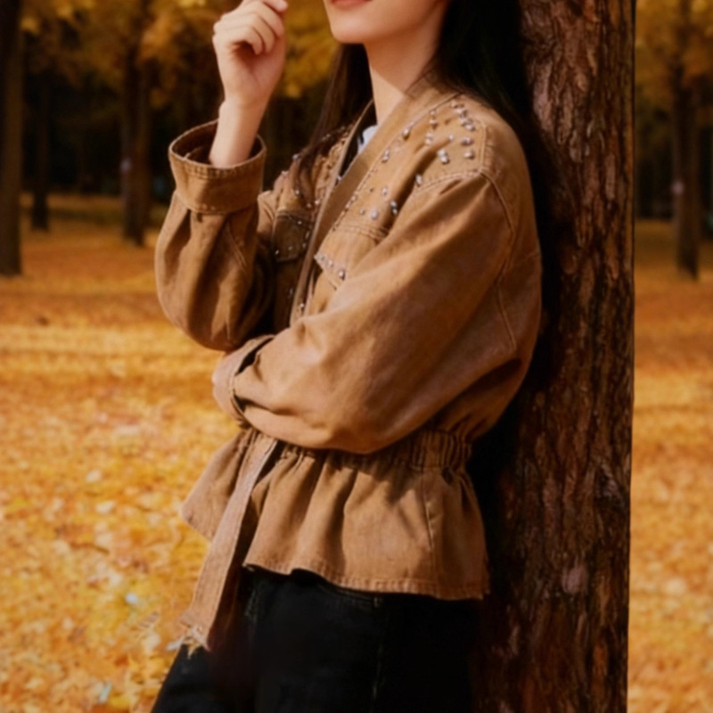 Brown Pearl-Studded Denim Jacket for Petite Women, Early Spring and Autumn, Ruffled Waist-Cinching Utility Jacket Top, Trendy