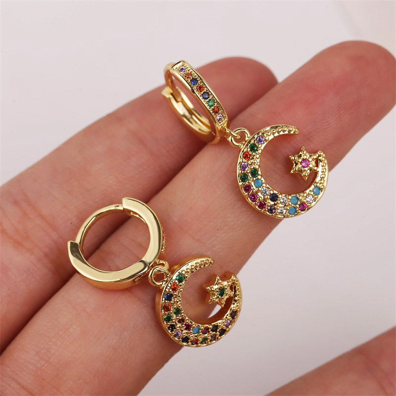 Retro Stars Moon Copper Inlaid Zirconium Earrings Wholesale Nihaojewelry display picture 2