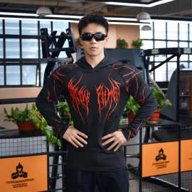 男士运动健身跑步连帽紧身衣哥特风图案印花速干潮流修身长袖T恤