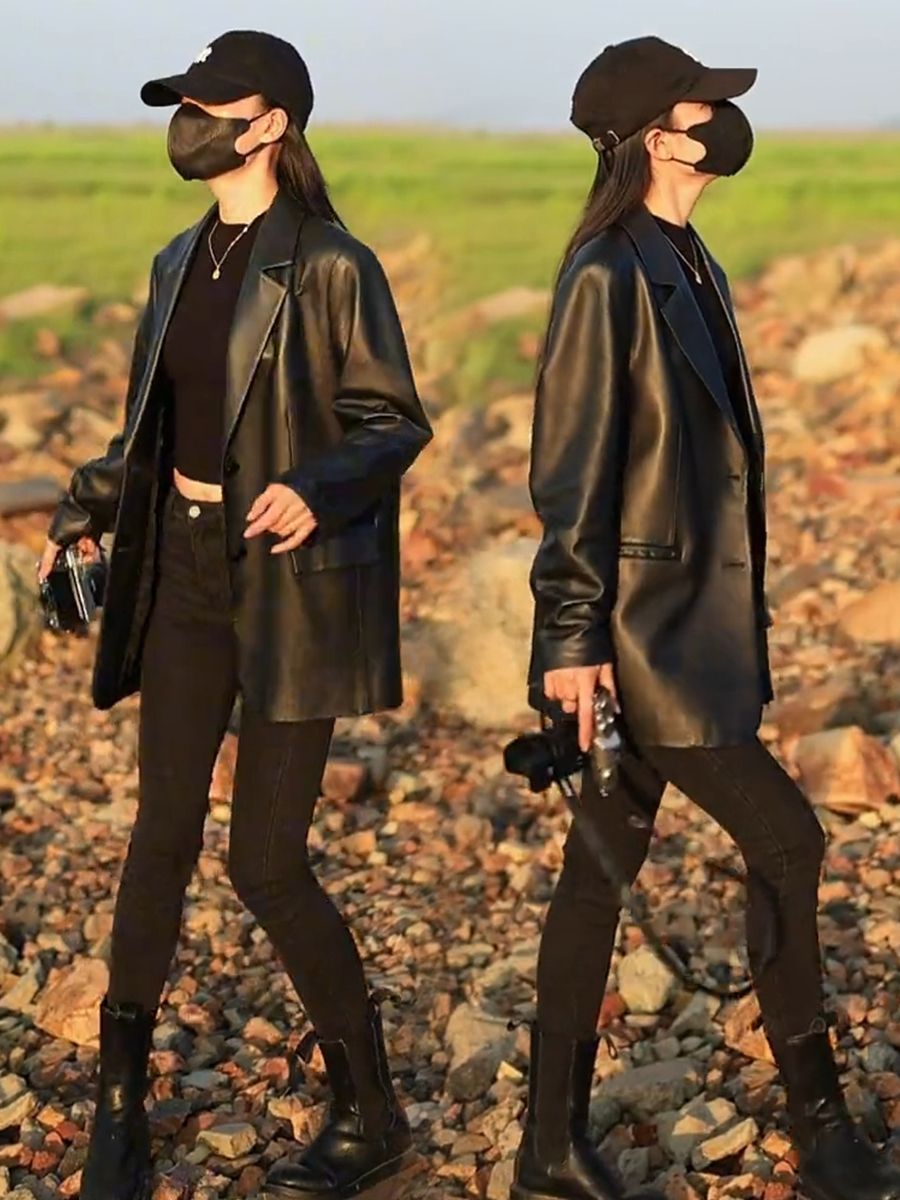 Casual Leather Jacket for Women, Spring and Autumn Korean Style Motorcycle Jacket, Loose and Fashionable Black Small Suit Jacket