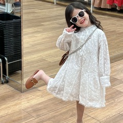 韓國童裝2024春裝女童裙子時髦提花法式長袖連衣裙甜美立領公主裙