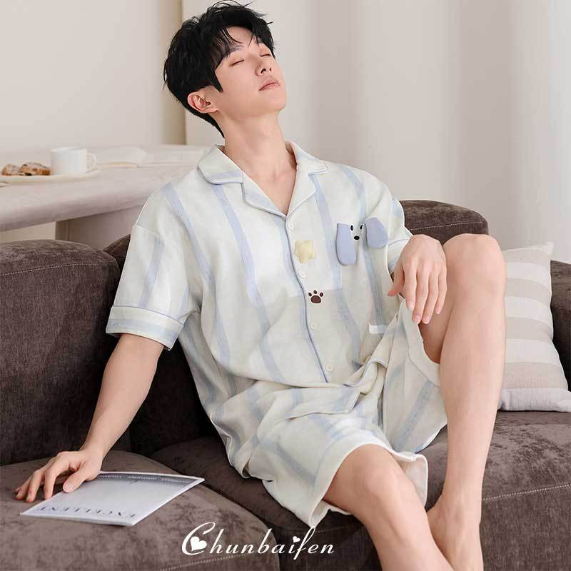 Pure Cotton Men's Short-Sleeve Summer Pajamas, Thin Striped Cartoon Shorts, High-End Home Wear with a Turn-Down Collar, Can Be Worn Outside, Set