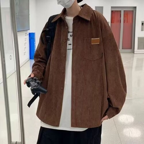Men's Spring and Autumn Long Sleeve Flannel Shirt, American Retro Casual Collar Shirt, Hong Kong Style Loose Trend Brand Student Jacket
