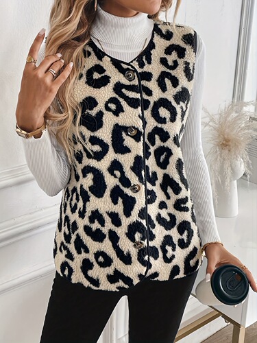 Autumn and winter new arrival European and American women's fashion plush vest with leopard-print front buttons for ladies