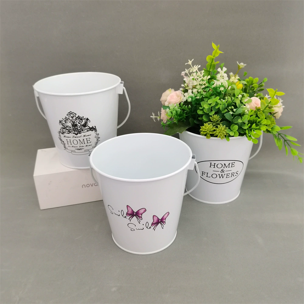 Заводская поставка белый с ручкой печатный рисунок железное ведро суккулентный цветочный горшок креативное хранение мусорное ведро