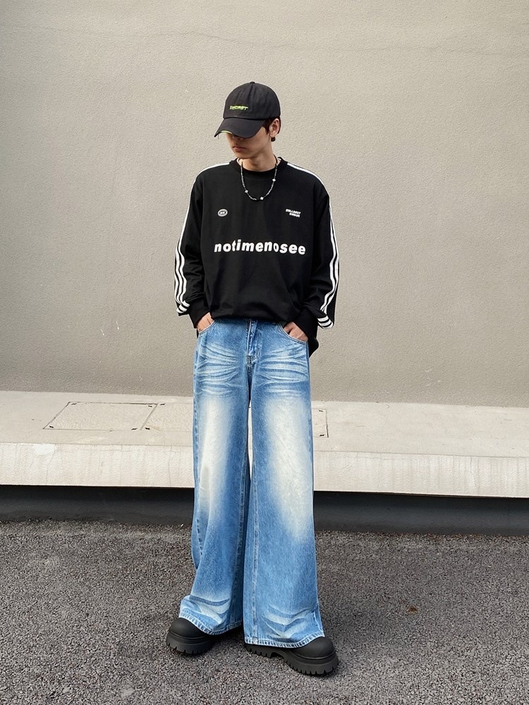 Vintage Washed Blue Wide Leg Jeans For Men & Women | Retro Loose Fit Straight Denim Pants | High Waist Comfort Styling_mkmklike.com