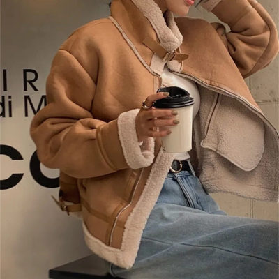 Tangtang~ Women's Winter Korean Style Loose Lamb Wool Cotton Jacket Thickened Motorcycle Jacket