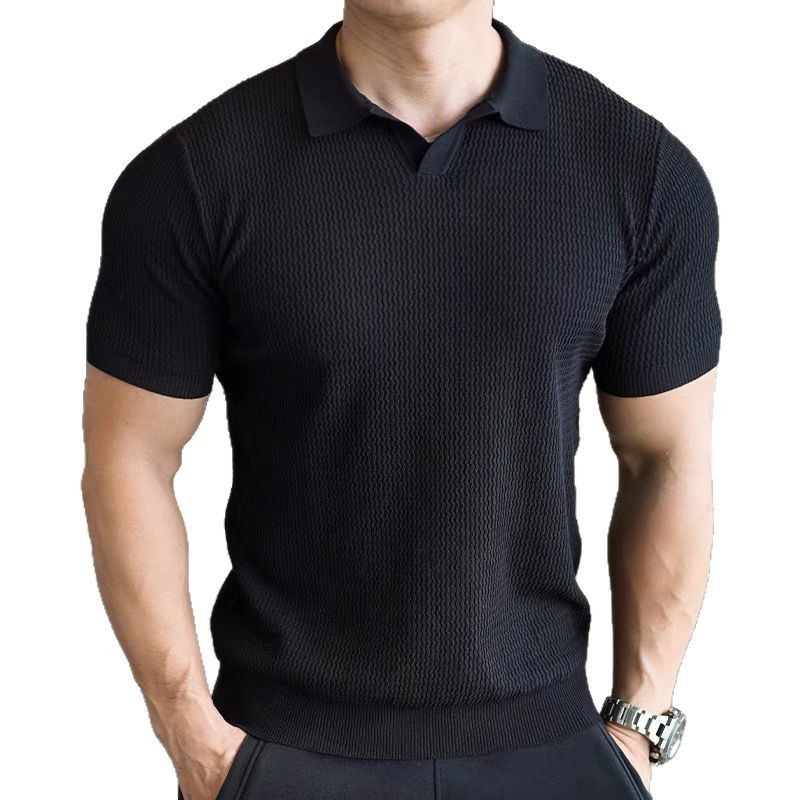 Deportes americanos correr con cuello en V Polo suéter de punto para hombre camiseta de manga corta solapa suelta top de color sólido primavera y verano