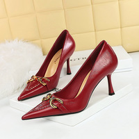 886-2 Retro Style High Heels Women's Shoes Thin Heels High Heels Shallow Notched Metal Belt Buckle Decorative Single Shoes