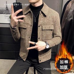 Plaid Woolen Coat Men's Short Korean Fashionable Casual Woolen Coat New Autumn and Winter Jacket Coat Thick Cotton Coat