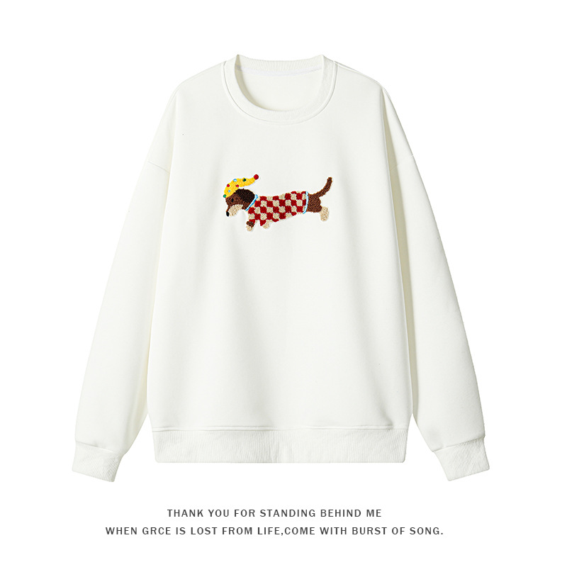 Korean Style Fluffy Dachshund Towel Embroidery Pullovers New White - Shop at LoveMi