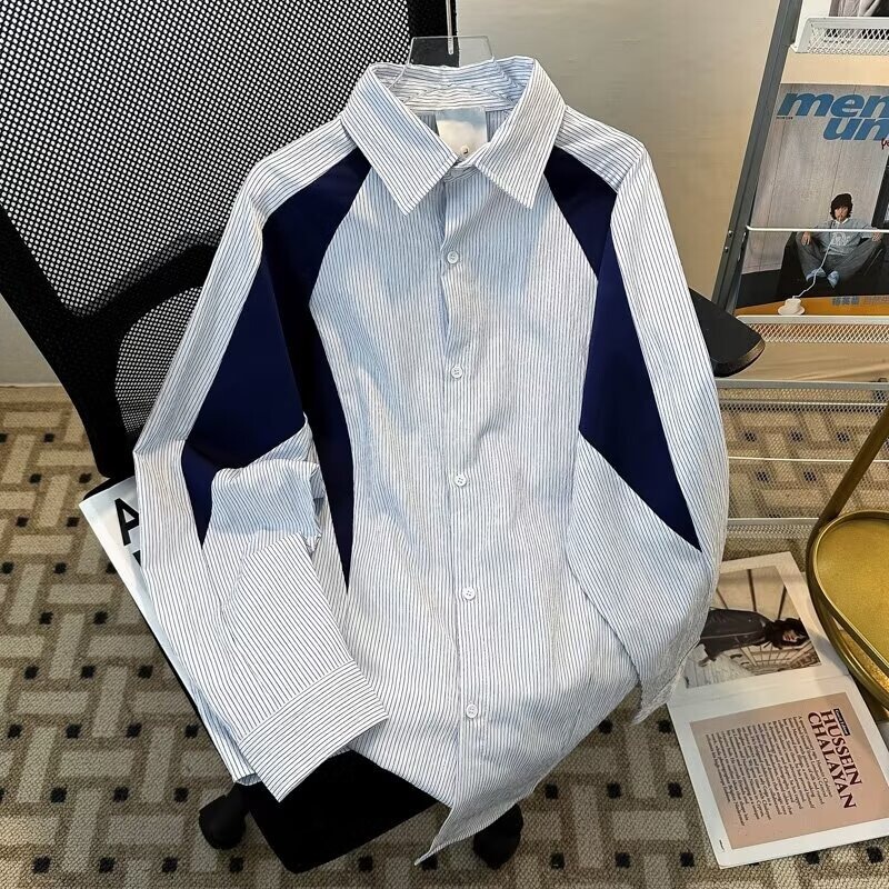 2025 American-Style Trendy Brand Deconstructed Patchwork Blue Striped Long-Sleeve Shirt for Men, Spring and Autumn Style, New Lapel Design