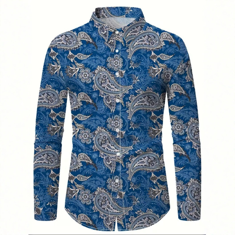 Men's Long-Sleeved Collared Shirt Custom-Made Summer Camping Style Bowling Shirt with Vintage Paisley Print Men's Long-Sleeved Collared Shirt Custom-Made Summer Camping Style Bowling Shirt with Vintage Paisley Print