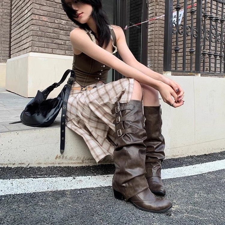 Two-Way Wear Belt Buckle Long Boots 2026 Autumn and Winter New Punk Style Pointed Toe Western Cowboy Boots Retro Versatile Riding Boots Two-Way Wear Belt Buckle Long Boots 2026 Autumn and Winter New Punk Style Pointed Toe Western Cowboy Boots Retro Versatile Riding Boots