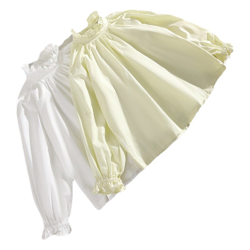 Muchachas camisa francesa corte estilo vintage puff manga de madera oído soporte collar encaje plisado manga larga camisa muñeca camisa