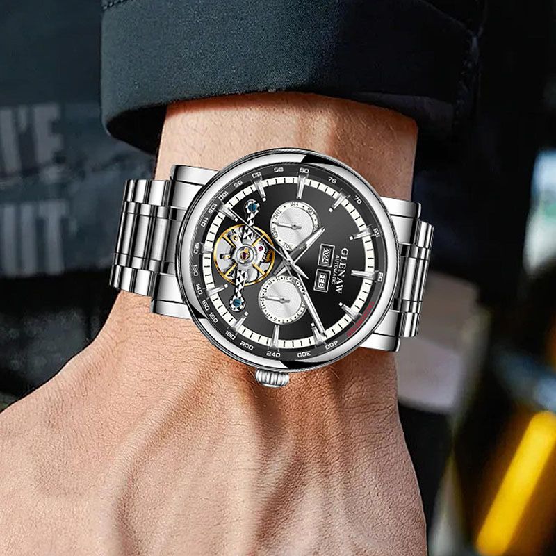 Đồng hồ nam automatic skeleton lộ máy, chống nước, dây thép không gỉ — 8678 Vòng tròn vàng Mặt vàng Vỏ bạc Dải thép bạc, 8678 vòng trắng mặt xám vỏ bạc đai thép bạc, 8678 Vòng tròn đỏ Mặt xám Vỏ bạc Dải thép bạc
