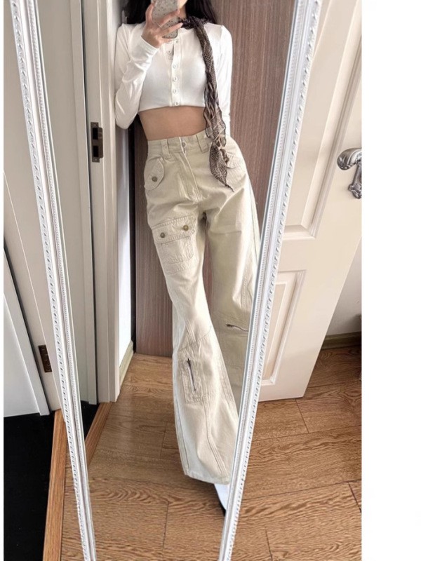 美式多口袋工装牛仔裤女夏季2025新款酷飒风高腰直筒微喇叭阔腿裤|undefined