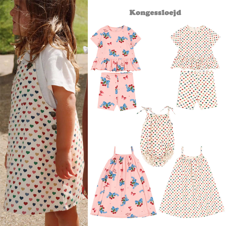 In-Stock 25 New Summer Children's Clothing Ks Same Style Colorful Heart Shorts Set Cherry Strap Dress Girl Romper