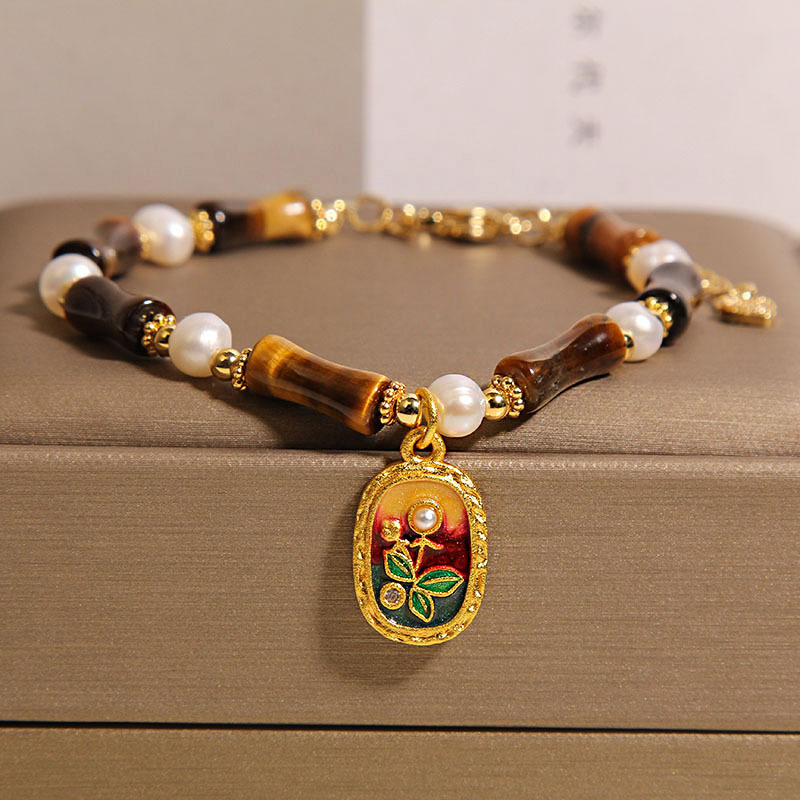 Nueva pulsera china de bambú de piedra de ojo de tigre, colgante de pintura al óleo de perlas de nicho de lujo ligero femenino, pulsera de estilo nacional, joyería de alta calidad