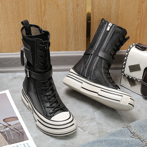 Genuine Leather Mid-Calf Martin Boots Women's  New Summer Thin Cool Boots Women's Shoes Breathable Boots Platform Hollowed-out Mesh Boots