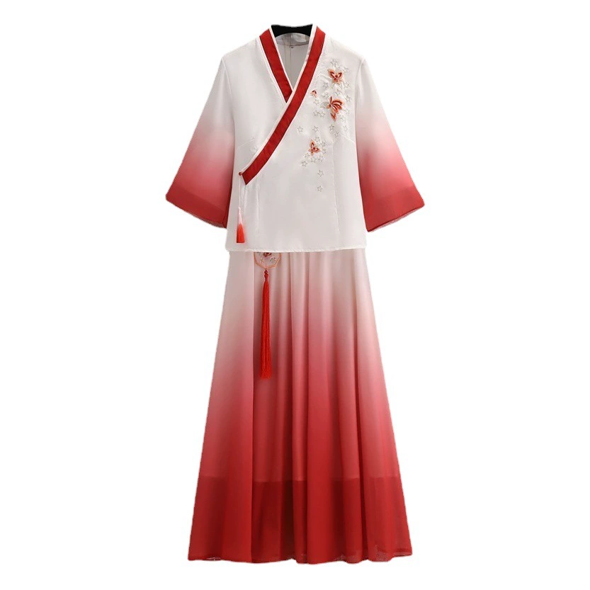 Новый китайский стиль с перекрестным воротником Улучшенный костюм Тан градиентный Топ Плюс Размер для похудения пухлая Девушка Ретро китайский стиль Чонсам вышитая юбка костюм