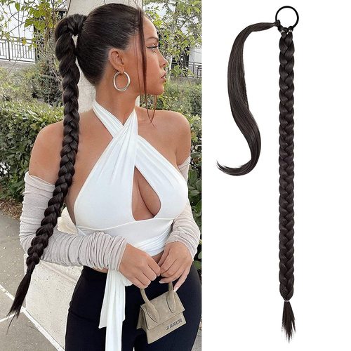 Fashionable synthetic false hair for women, long ponytail wig with hairband-style attachment, false hair with braided extensions