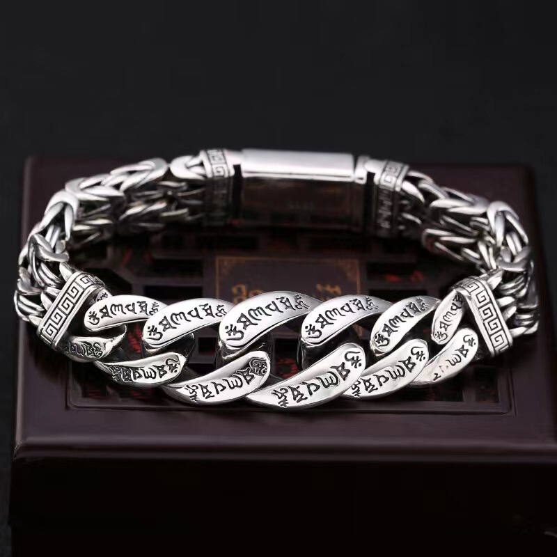 Cross-Border High-End Silver-Plated Jewelry for Men, Personalized and Domineering Six-Character Mantra Peace Pattern Cuban Bracelet, Vintage Silver Chain