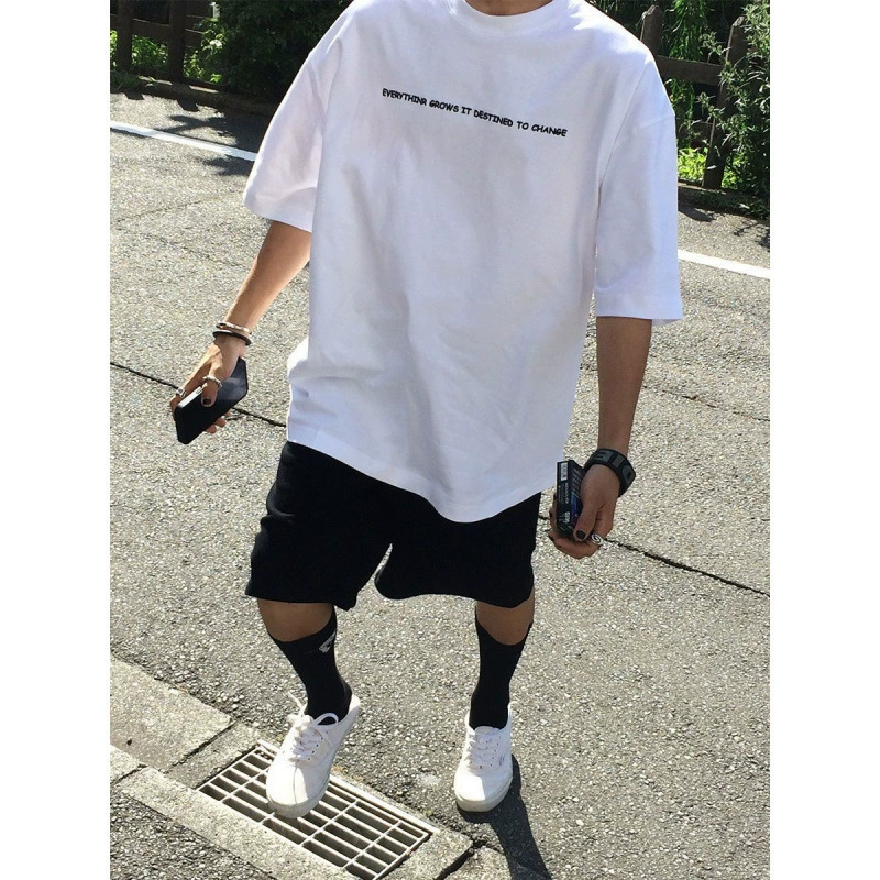 Хлопок 200 г американского алфавита Летний новый повседневный короткий рукав футболка мужской свободный спортивный полукрукавный высокий прилив