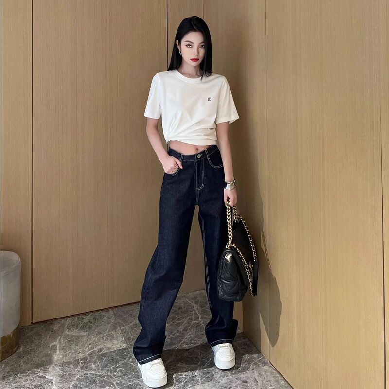 Jennie's Same Style Narrow-Fit Dark Blue Summer Straight-Leg Loose Jeans, High-Waisted, Fashionable, Versatile, Niche, and Slimming