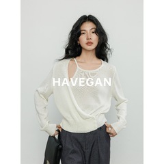 与间HAVEGAN/天丝亚麻针织衫女秋季2025新款解构设计长袖宽松上衣