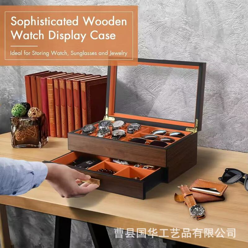 Wooden Multi-Compartment Watch and Glasses Storage Box, Flip-Top Double-Layer with Drawer, Watch and Bracelet Jewelry Organizer Box, Solid Wood Wooden Multi-Compartment Watch and Glasses Storage Box, Flip-Top Double-Layer with Drawer, Watch and Bracelet Jewelry Organizer Box, Solid Wood