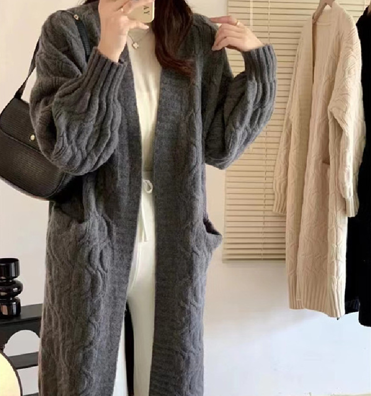 Korean V-neck solid color twisted flower lazy long sweater jacket, fashionable temperament, gentle style, soft and_voghion.com