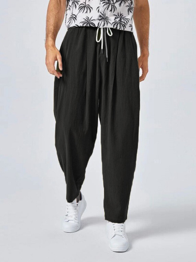 2022新款 春秋亚麻棉中腰无弹普通纯色黑色长裤休闲现货卫裤