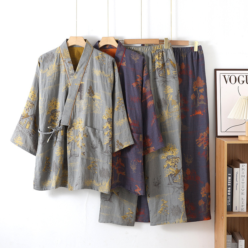 Men's Spring and Autumn Kimono Japanese Pajamas Hanfu Home Clothes Cotton Yarn-dyed Jacquard Loose Lace-up Home suit