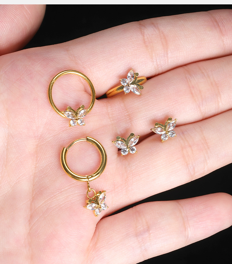 Fashion Butterfly Stainless Steel Zircon Hoop Earrings Ear Studs 1 Piece