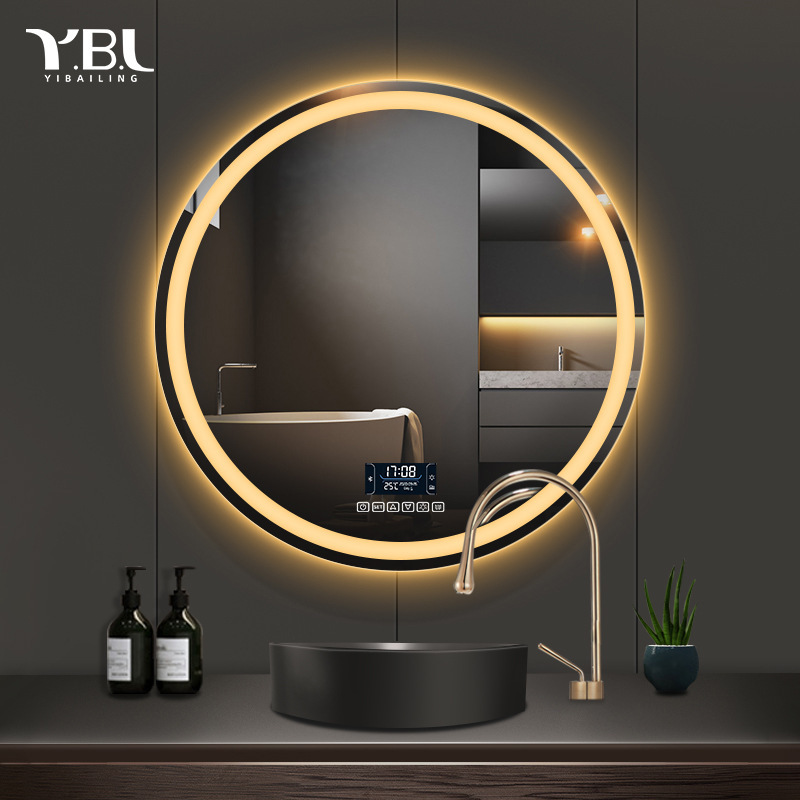 Espejo de baño inteligente con pantalla táctil LED, espejo redondo antivaho montado en pared para maquillaje