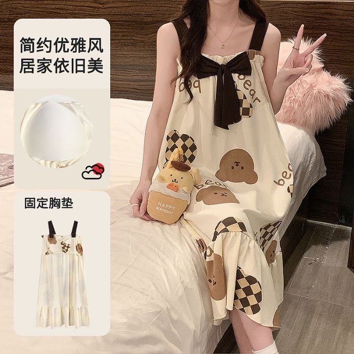Comercio exterior transfronterizo verano nuevo estilo pijama damas imitación algodón cojín en el pecho camisón bowknot servicio a domicilio de longitud media