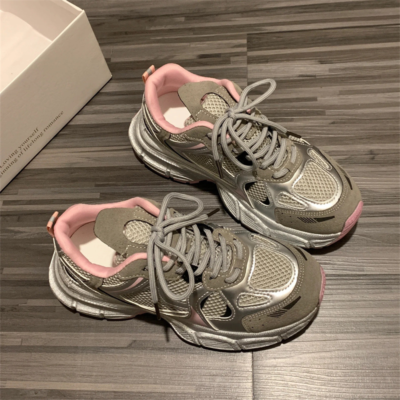 Women's Silver Breathable Mesh Dad Shoes Lightweight Skate Sneakers_voghion.com