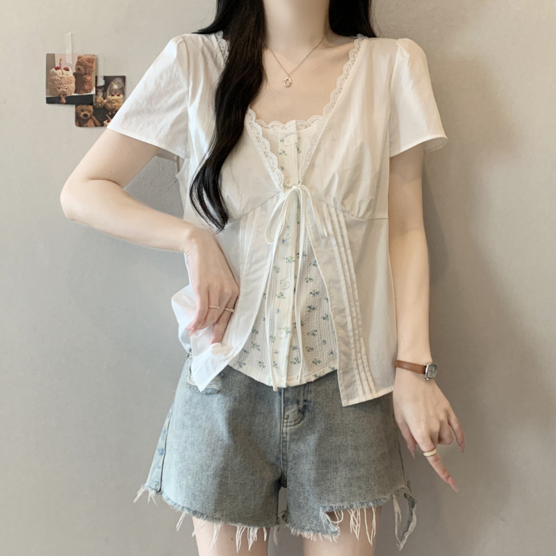 2026 Summer New Style Plus-Size French Lace-Up Fake Two-Piece Waist-Cinching Slimming Sweet Short-Sleeve Shirt