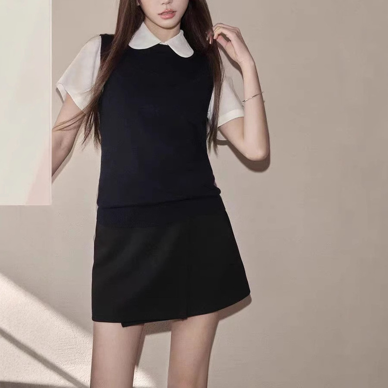aveneme/Korean-style Tencel Crewneck Shirt Wool Blended Vest A- line Hip Skirt suit Three-piece Suit