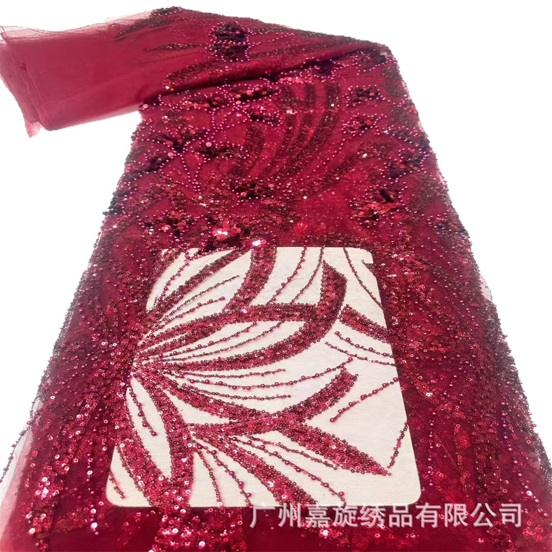 Nuevo transfronterizo de color sólido africano Xiaomi perlas rayas sequela bordado tubo de perlas encaje posicionamiento flor vestido de boda tela image 6