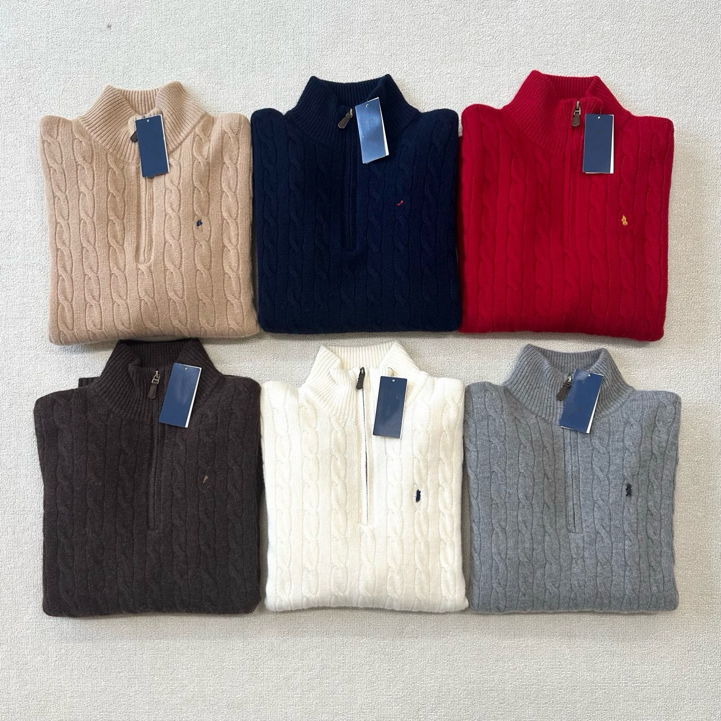 Top-quality, scanable/90% wool, 10% cashmere, Ralph Lauren-style embroidered half-zip knit sweater, cable-knit design, unisex