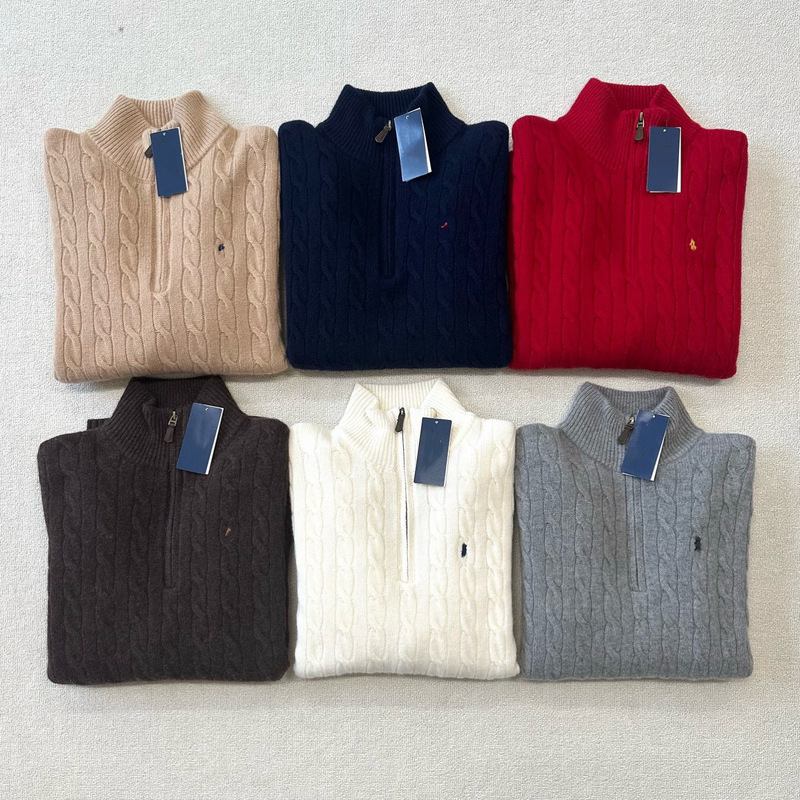 Top-quality, scanable/90% wool, 10% cashmere, Ralph Lauren-style embroidered half-zip knit sweater, cable-knit design, unisex