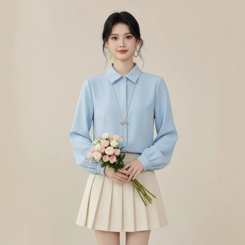 Light Blue Women's Long-Sleeve Shirt for Autumn, Polo Collar, Wrinkle-Resistant, Comfortable, Stylish, Non-Iron, Anti-Wrinkle