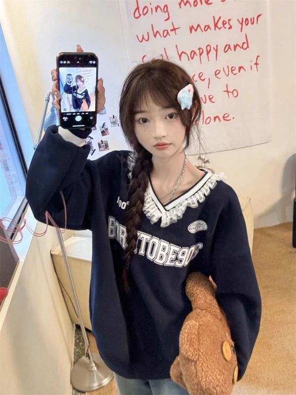 美式字母印花V领长袖卫衣女装秋季灰色独特蕾丝拼接宽松休闲上衣|undefined
