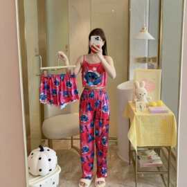 睡衣女夏季吊带短裤长裤三件套卡通印花家居服套装韩版宽松可外穿