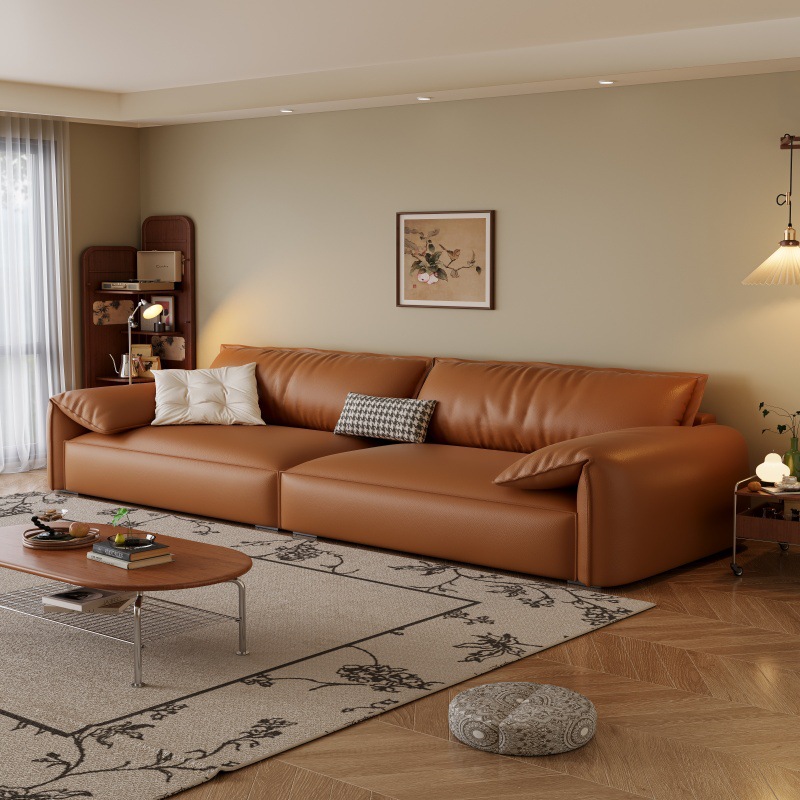 2025 New Model Cloud Leather Sofa for Living Room, Straight-Line Design, Light Luxury, Off-White, Chinese Style, High-End Full Leather