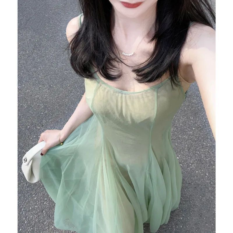 Forest Style Art Student Green Suspender Dress Women's Summer Vacation Style Backless Mesh Fairy Long Skirt Fake Two Pieces