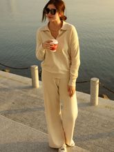 新款西班牙O家订单款燕麦色女士复古针织POLO衫阔腿裤套装 可外穿